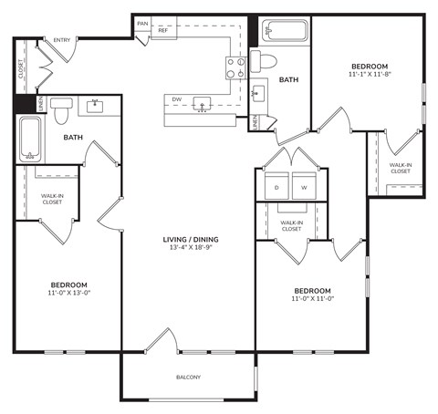Floor plan for 3 beds, 2 baths, 1373 sqft